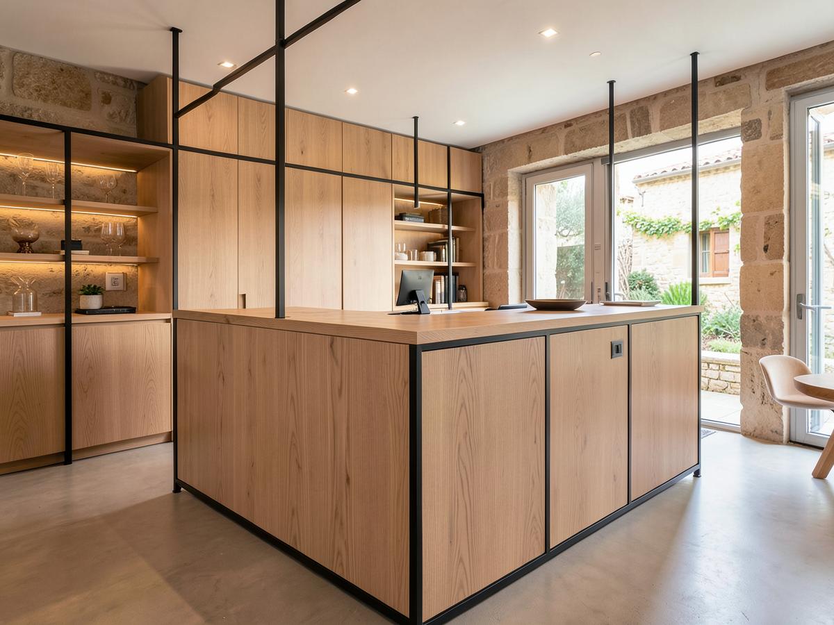 Agencement en bois réalisé sur mesure dans un intérieur contemporain