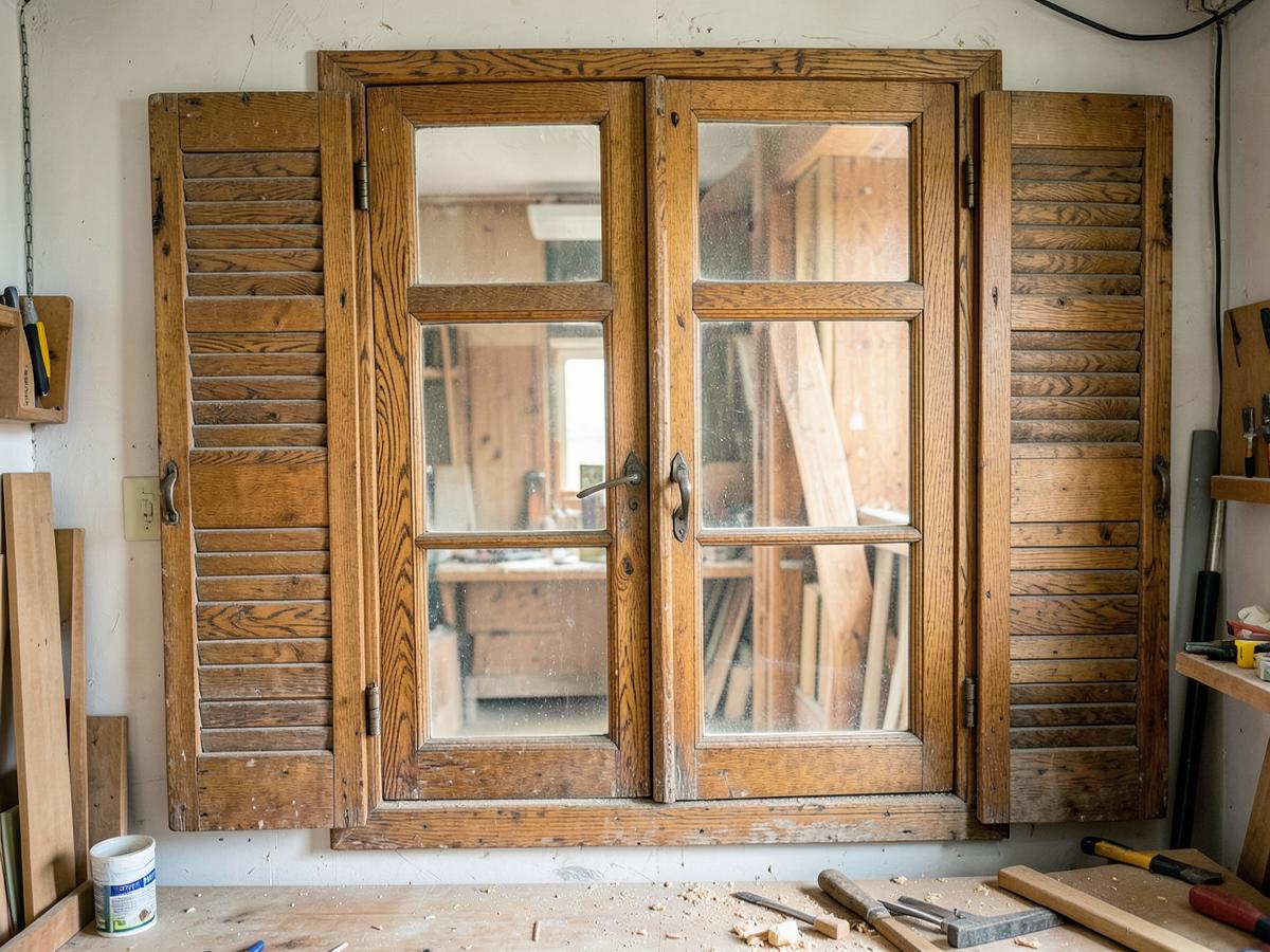 Fenêtre et volets en bois ancien restaurés dans l'atelier de menuiserie