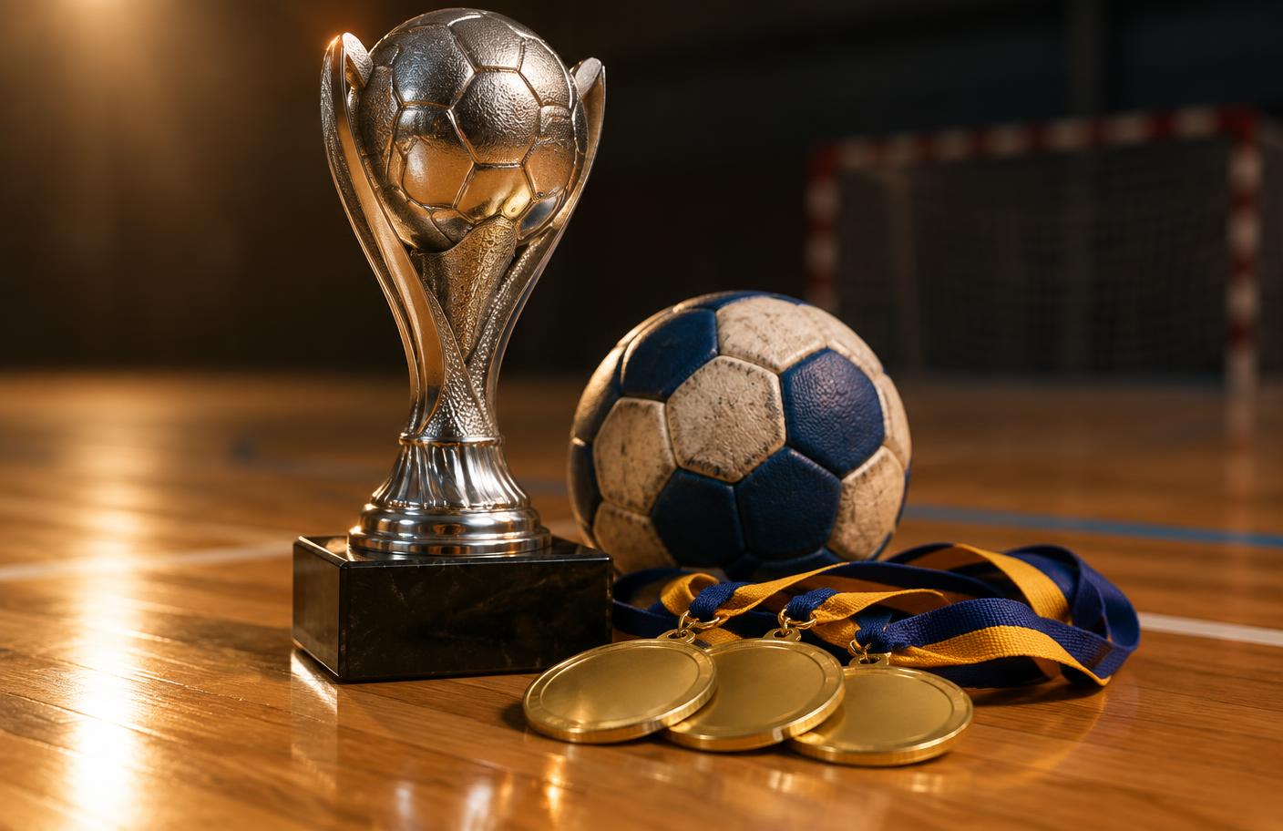Trophée de champion et médailles du club posés sur le parquet
